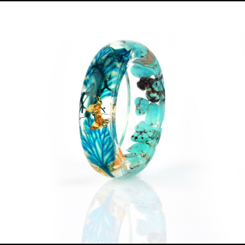 New wood resin rings with sea stones epoxy rings for women handmade